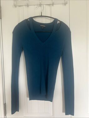 Express Teal V-Neck Long Sleeve Top with Shoulder Cutouts